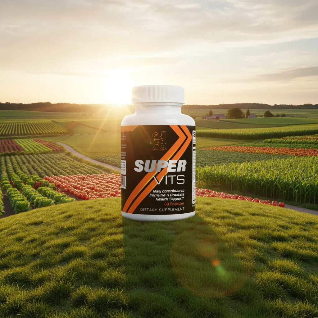 Super Style Super Vits dietary supplement bottle placed in a scenic farm field at sunrise, representing natural wellness, vitality, and immune health support.
