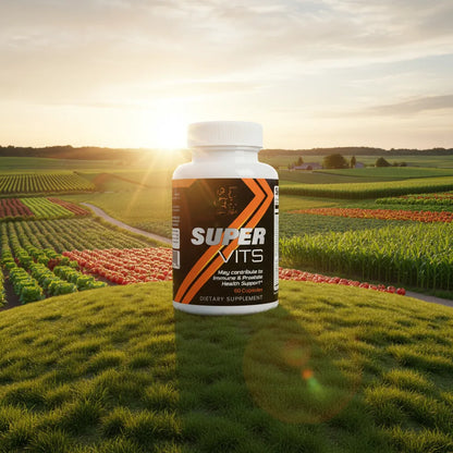 Super Style Super Vits dietary supplement bottle placed in a scenic farm field at sunrise, representing natural wellness, vitality, and immune health support.