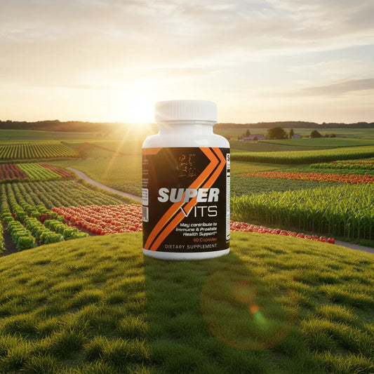 Super Style Super Vits dietary supplement bottle placed in a scenic farm field at sunrise, representing natural wellness, vitality, and immune health support.