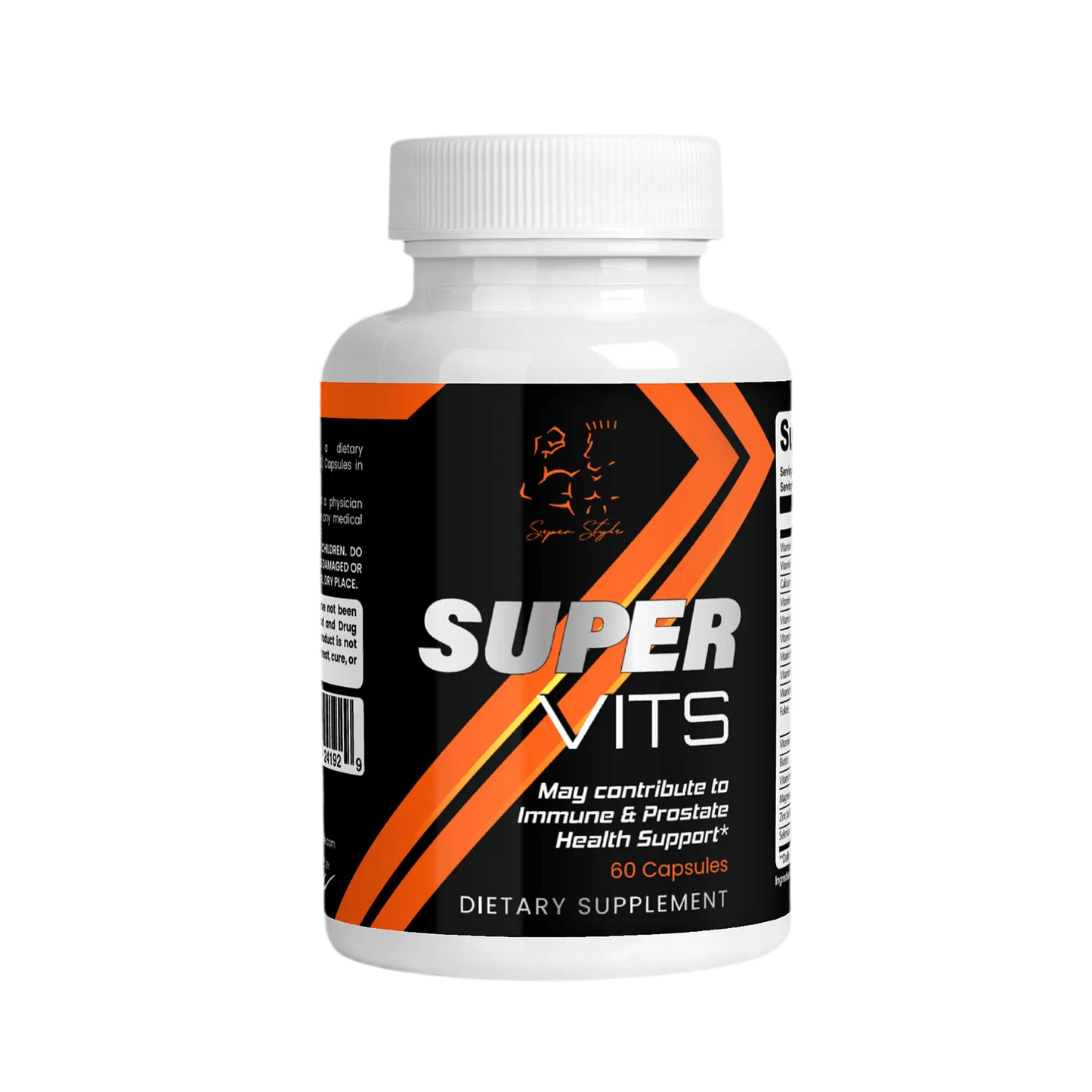 Super Style Super Vits dietary supplement bottle formulated to support immune function and prostate health for daily wellness.
