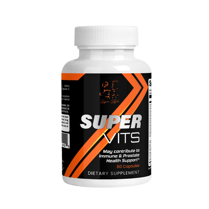 Super Style Super Vits dietary supplement bottle formulated to support immune function and prostate health for daily wellness.
