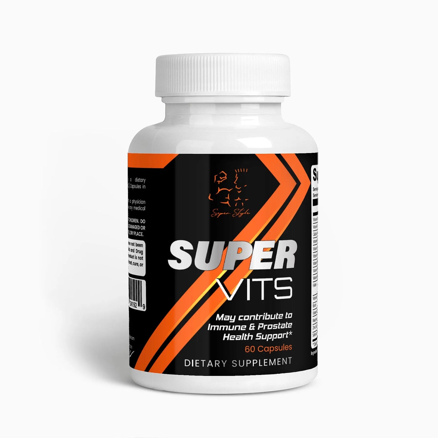 Front label view of Super Style Super Vits multivitamin supplement bottle with black and orange design, containing 60 capsules formulated to support immune function and prostate health.