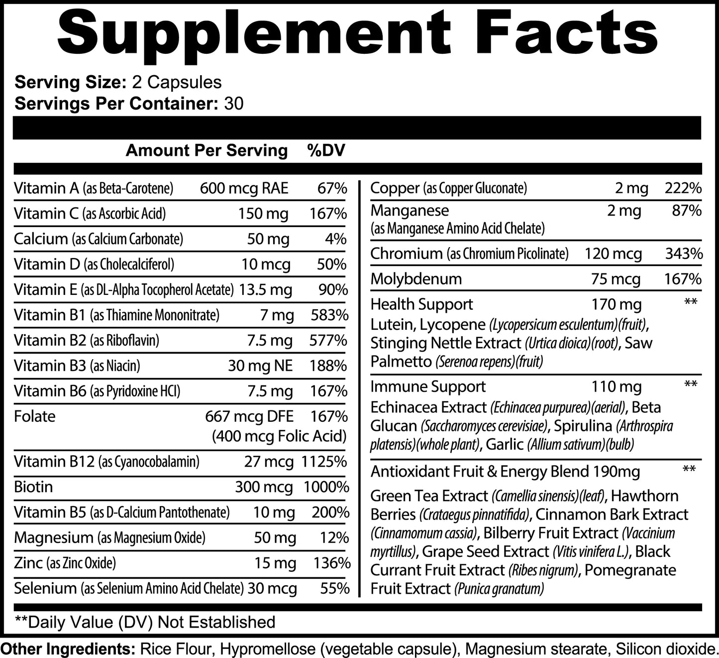 Supplement Facts for Super Vits multivitamin; serving size 2 capsules; 30 servings.