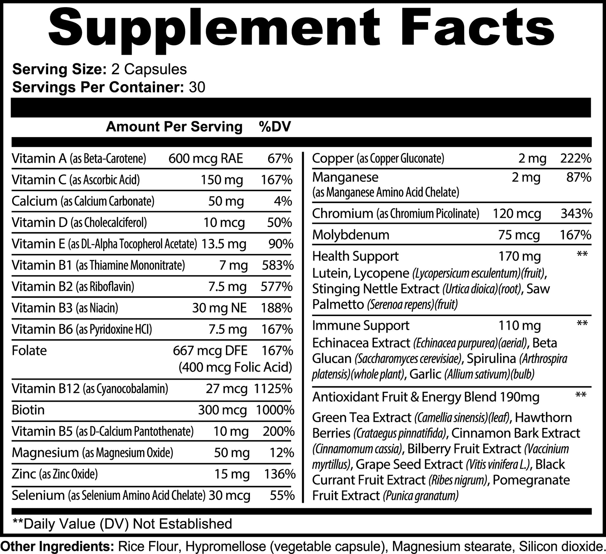Supplement Facts for Super Vits multivitamin; serving size 2 capsules; 30 servings.