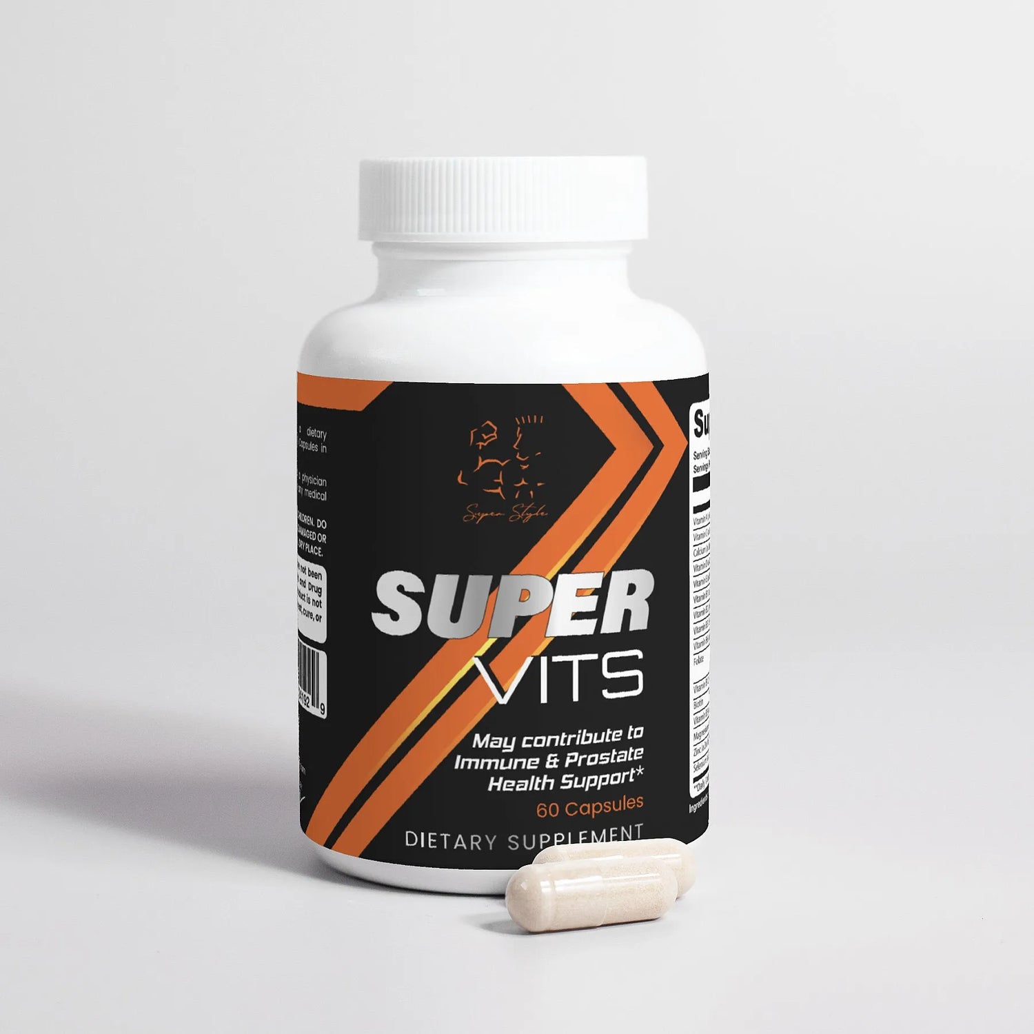 Front view of Super Style Super Vits dietary supplement bottle with two capsules, featuring black and orange label promoting immune and prostate health support with 60 capsules per container.