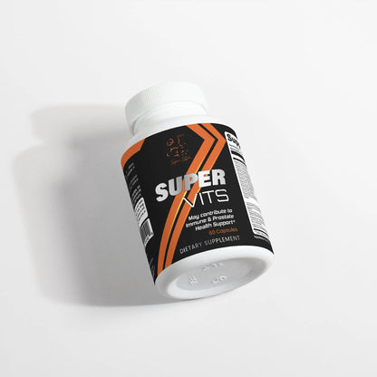 Super Style Super Vits dietary supplement bottle with black and orange label design, featuring 60 capsules that support immune and prostate health with essential vitamins and minerals.