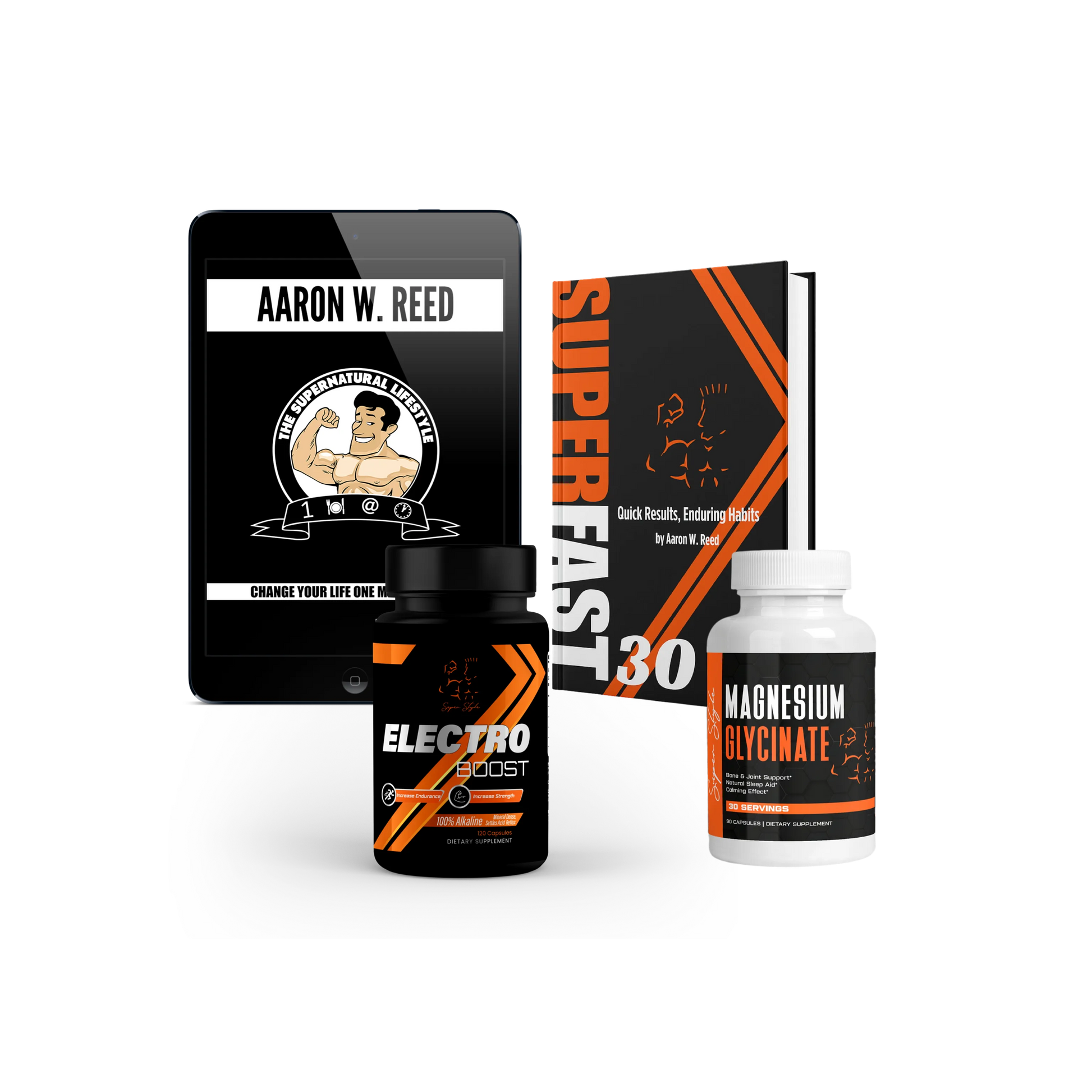 Super Style SuperFast 30 fitness eBook by Aaron W. Reed displayed with Electro Boost and Magnesium Glycinate supplements, representing a complete health and wellness bundle