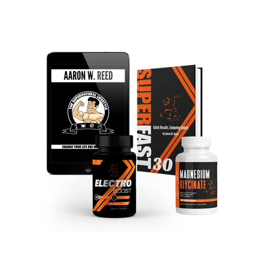 Super Style SuperFast 30 fitness eBook by Aaron W. Reed displayed with Electro Boost and Magnesium Glycinate supplements, representing a complete health and wellness bundle