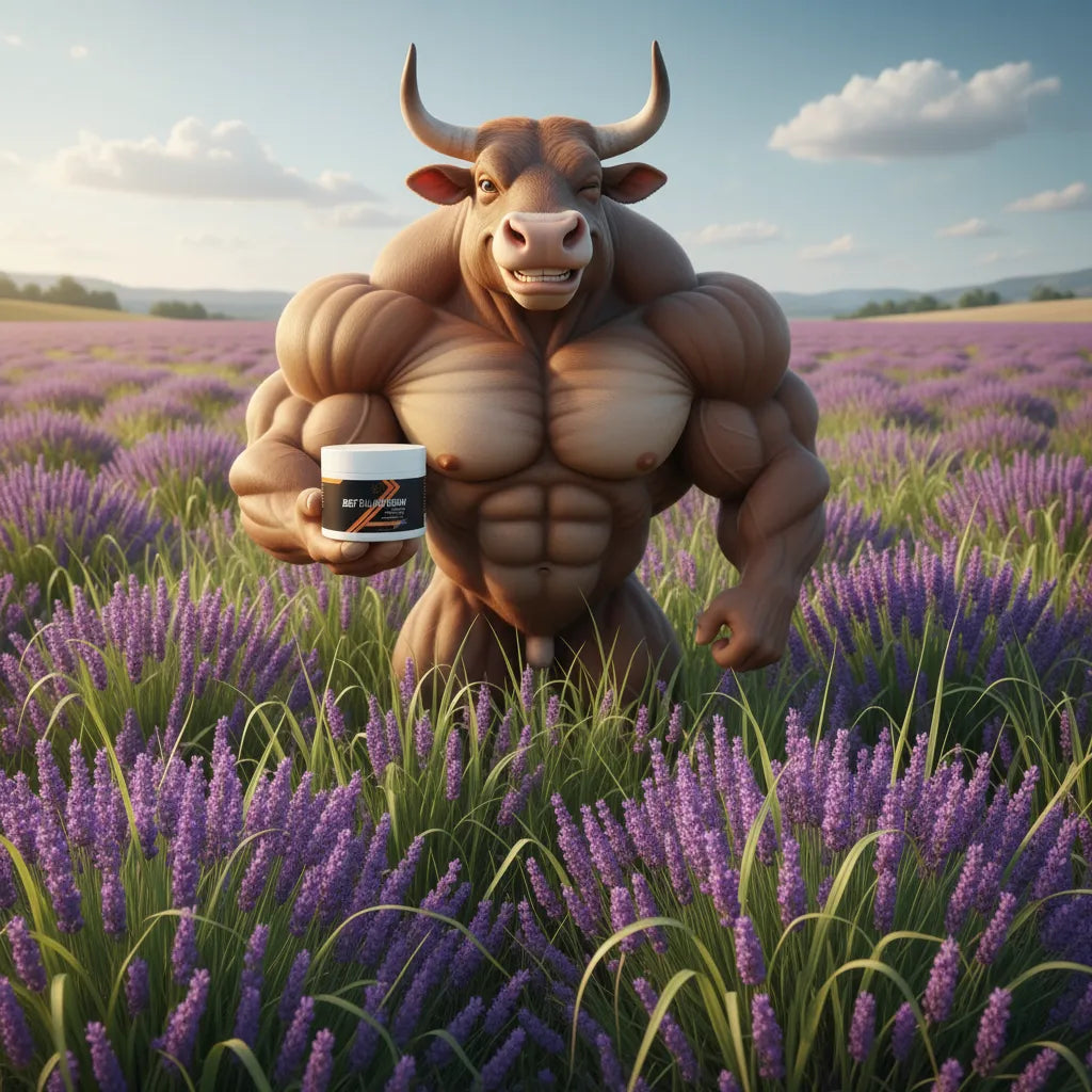Muscular bull holding a supplement container in a lavender field