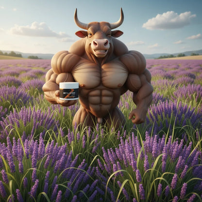 Muscular bull holding a supplement container in a lavender field