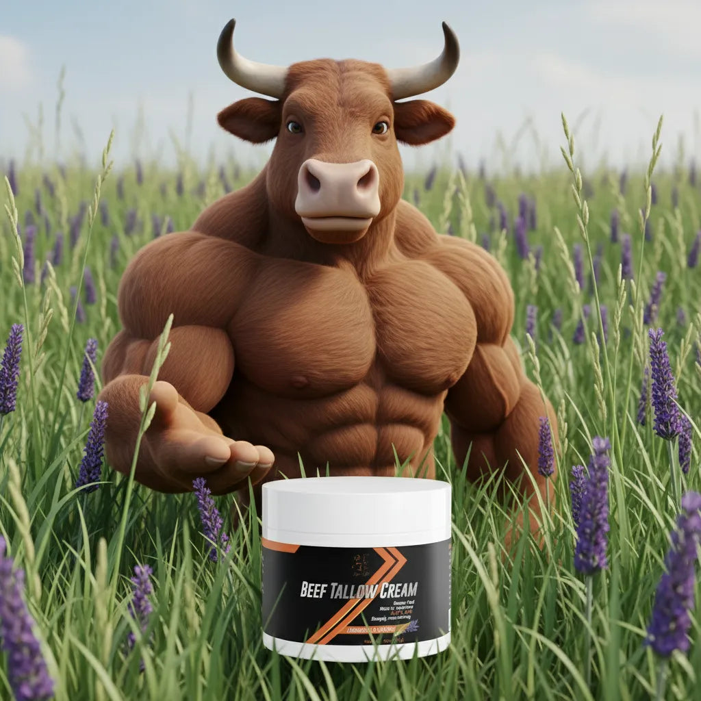 Muscular bull holding a jar of 'Beef Tallow Cream' in a field with lavender flowers