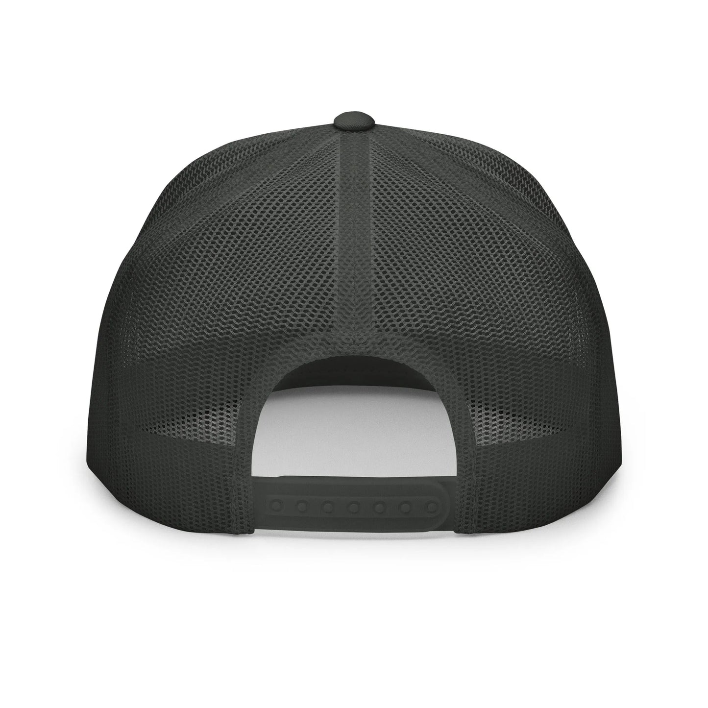 Black Super Style trucker cap back view with snapback and mesh panels