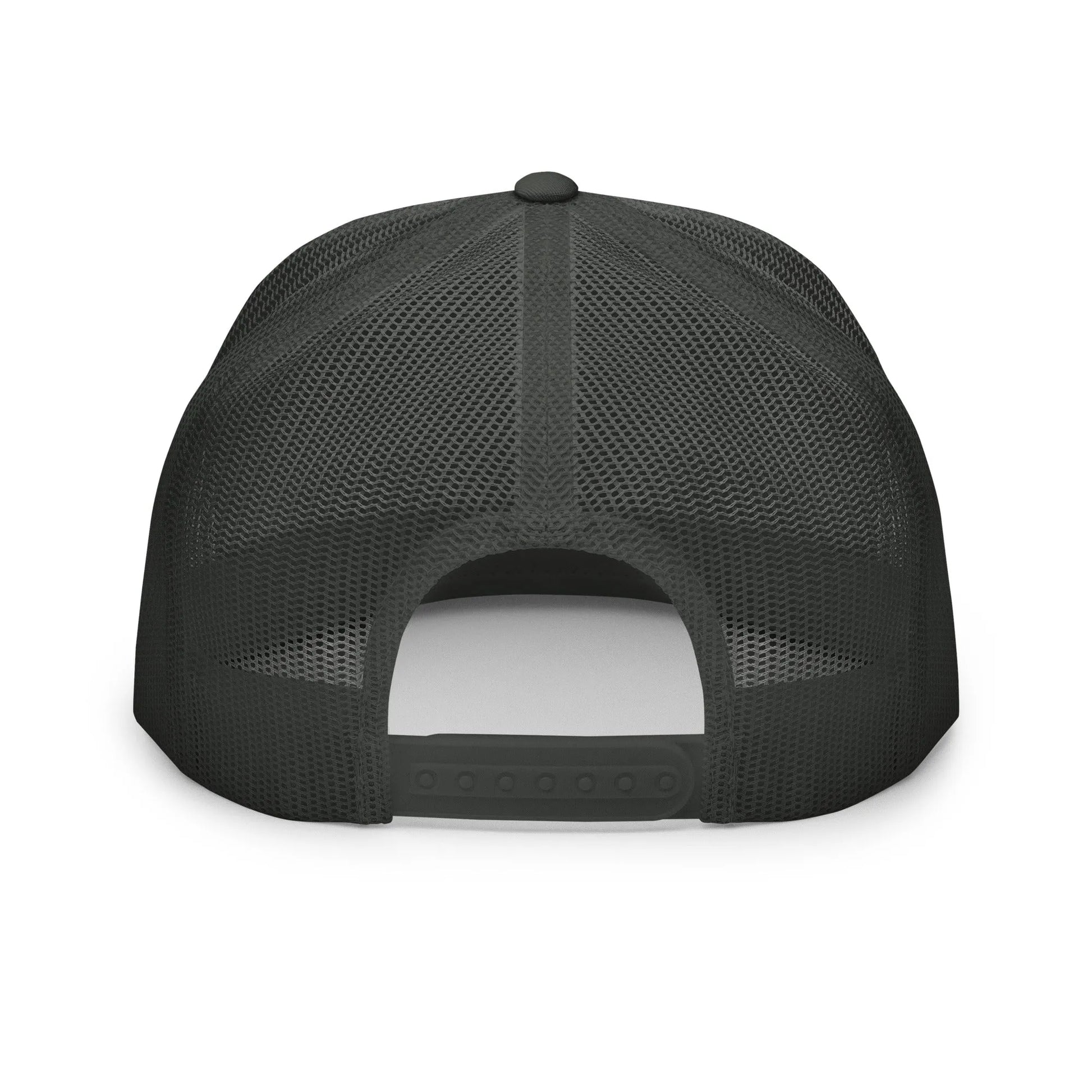 Black Super Style trucker cap back view with snapback and mesh panels