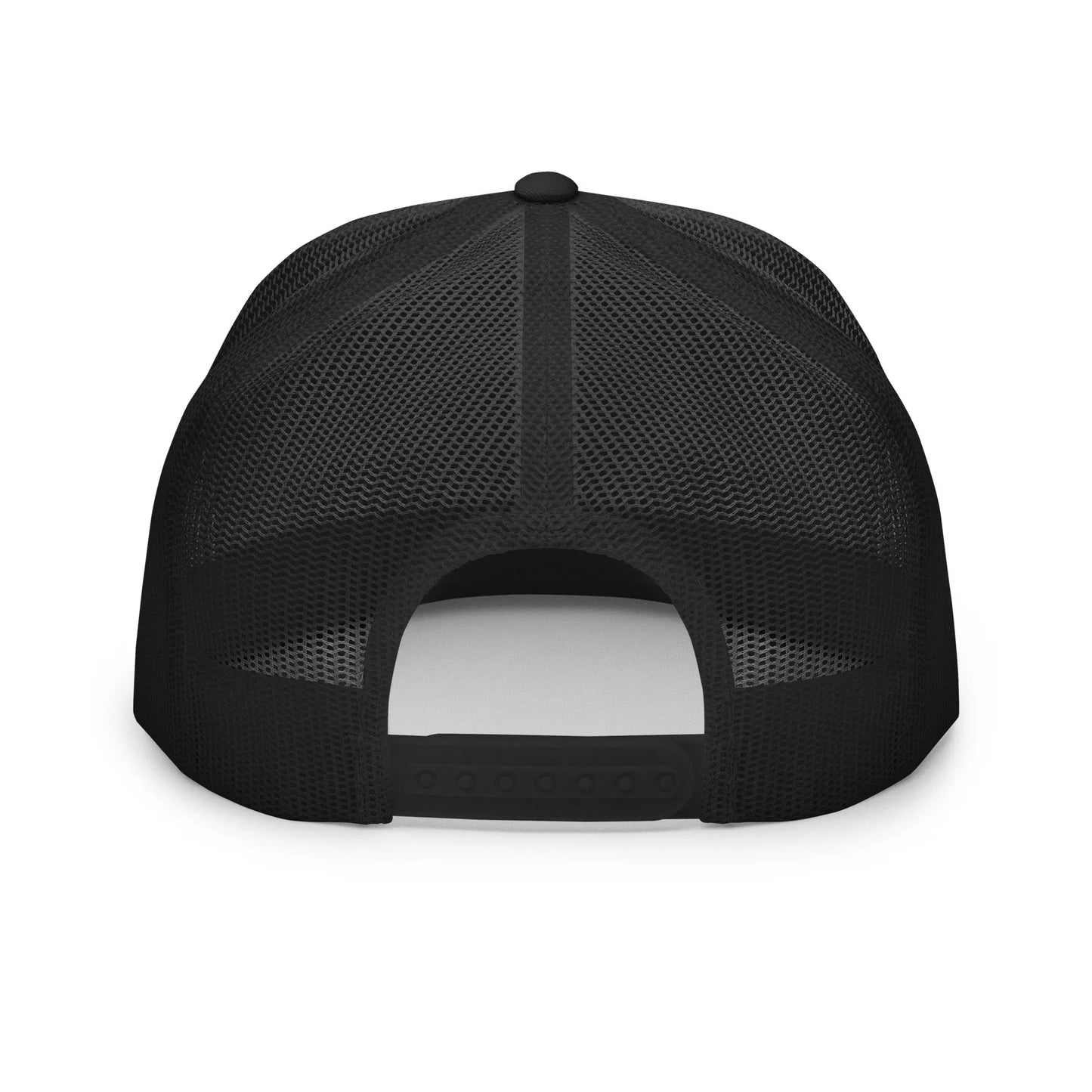 Black Super Style trucker cap back view with snapback and mesh panels