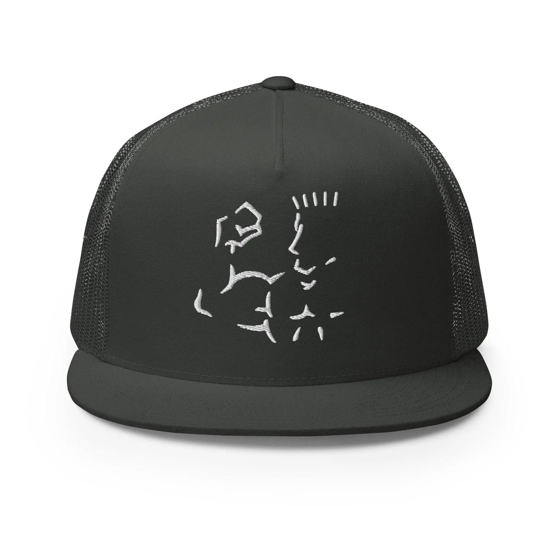 Black Super Style trucker cap front view with embroidered white graphic