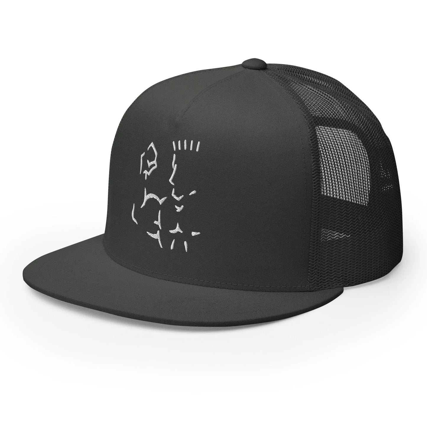 Front angled view of black Super Style trucker cap with white stitching design