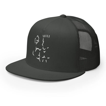 Front angled view of black Super Style trucker cap with white stitching design