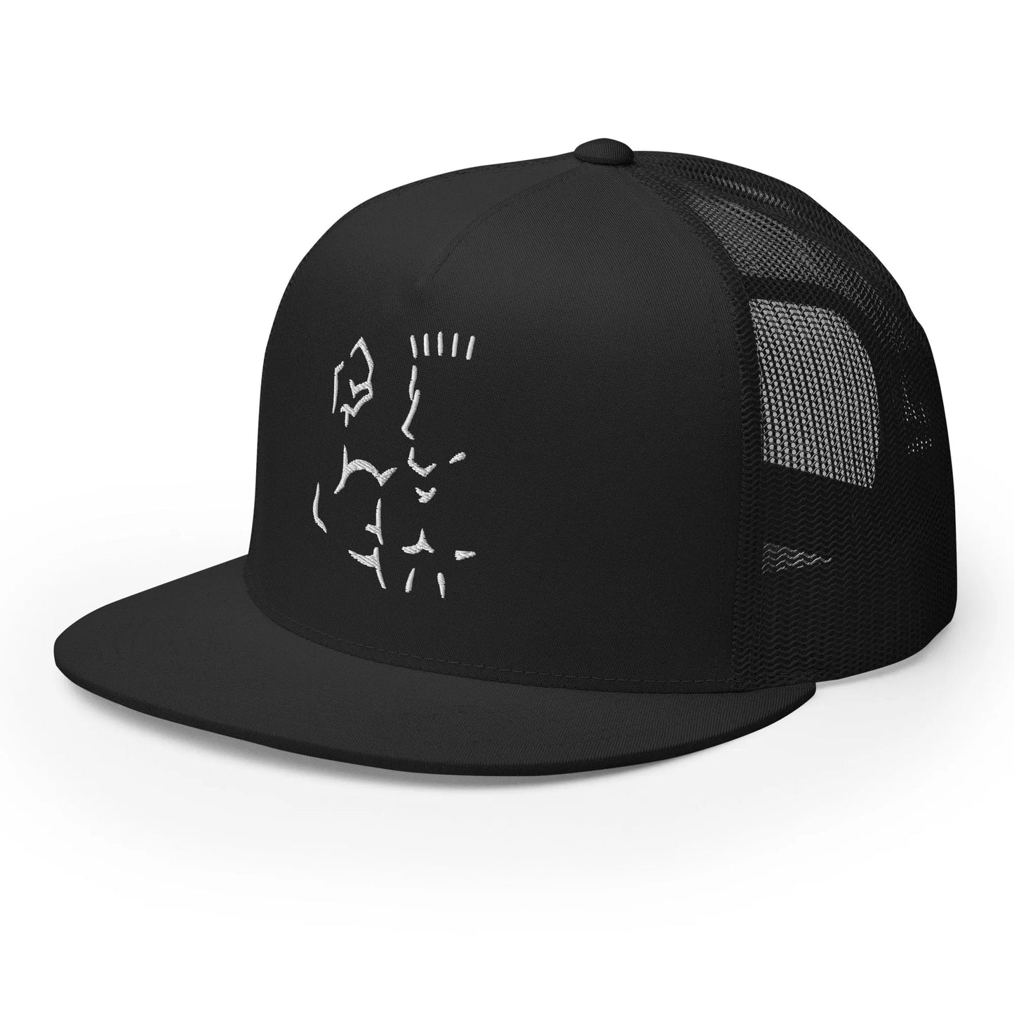 Front angled view of black Super Style trucker cap with white stitching design