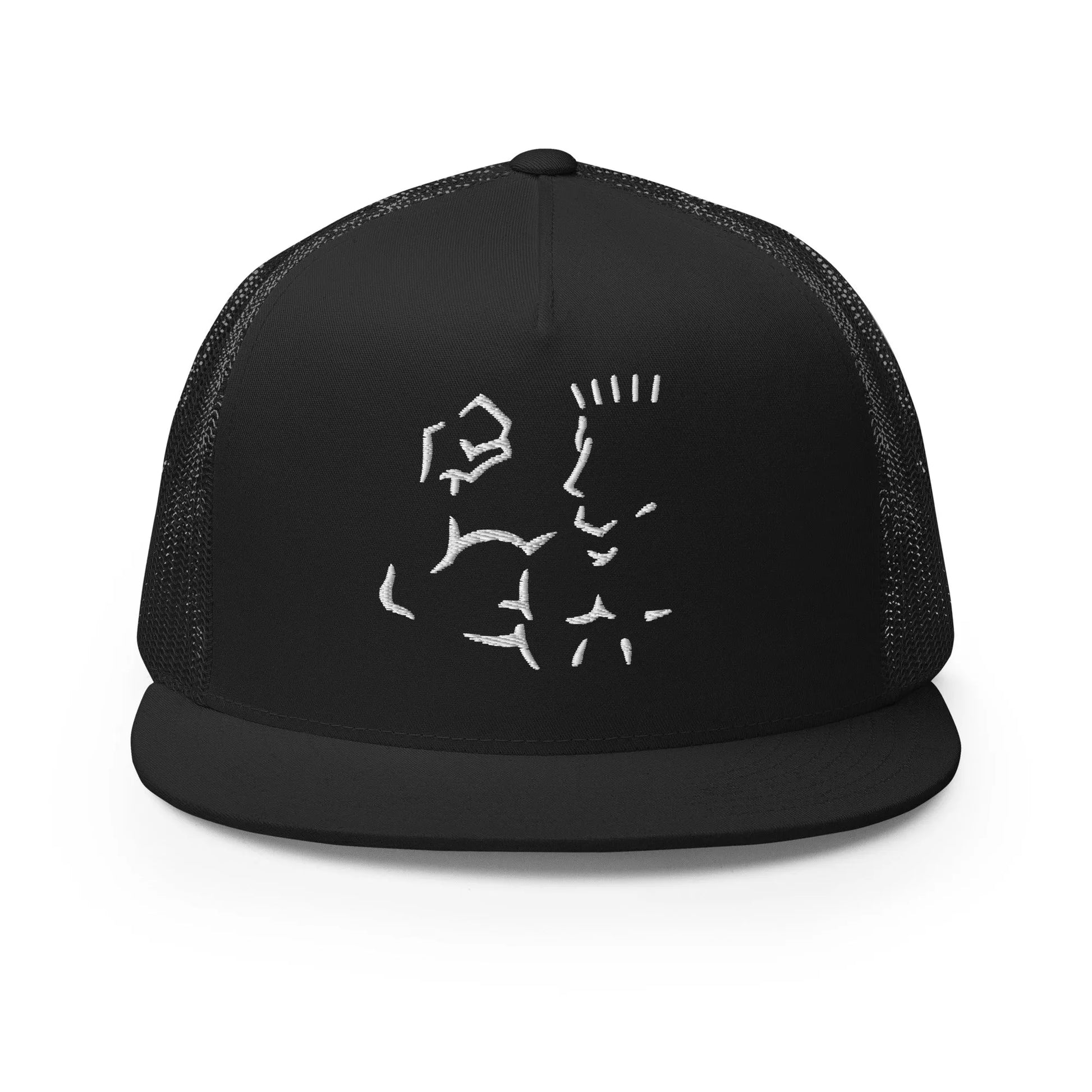Black Super Style trucker cap front view with embroidered white graphic