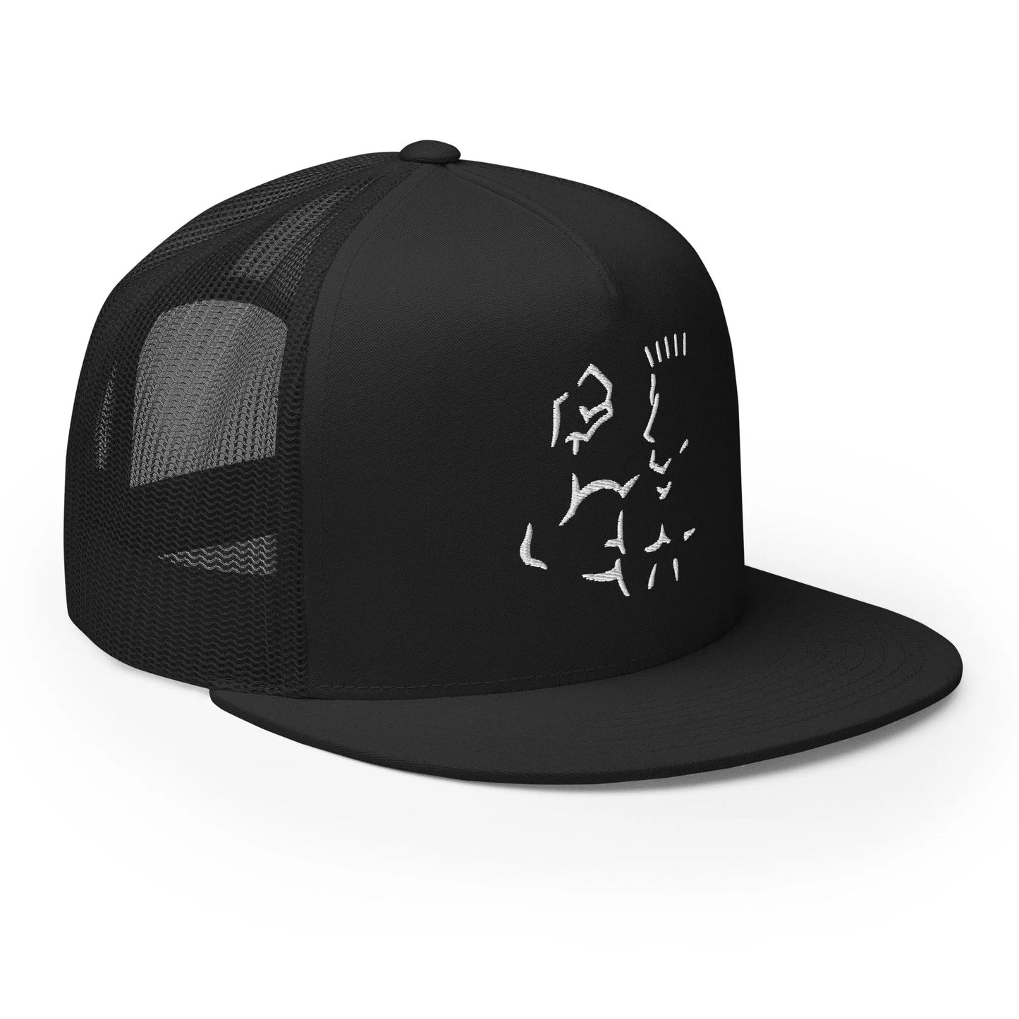Black trucker cap side view showing mesh panel and white front embroidery