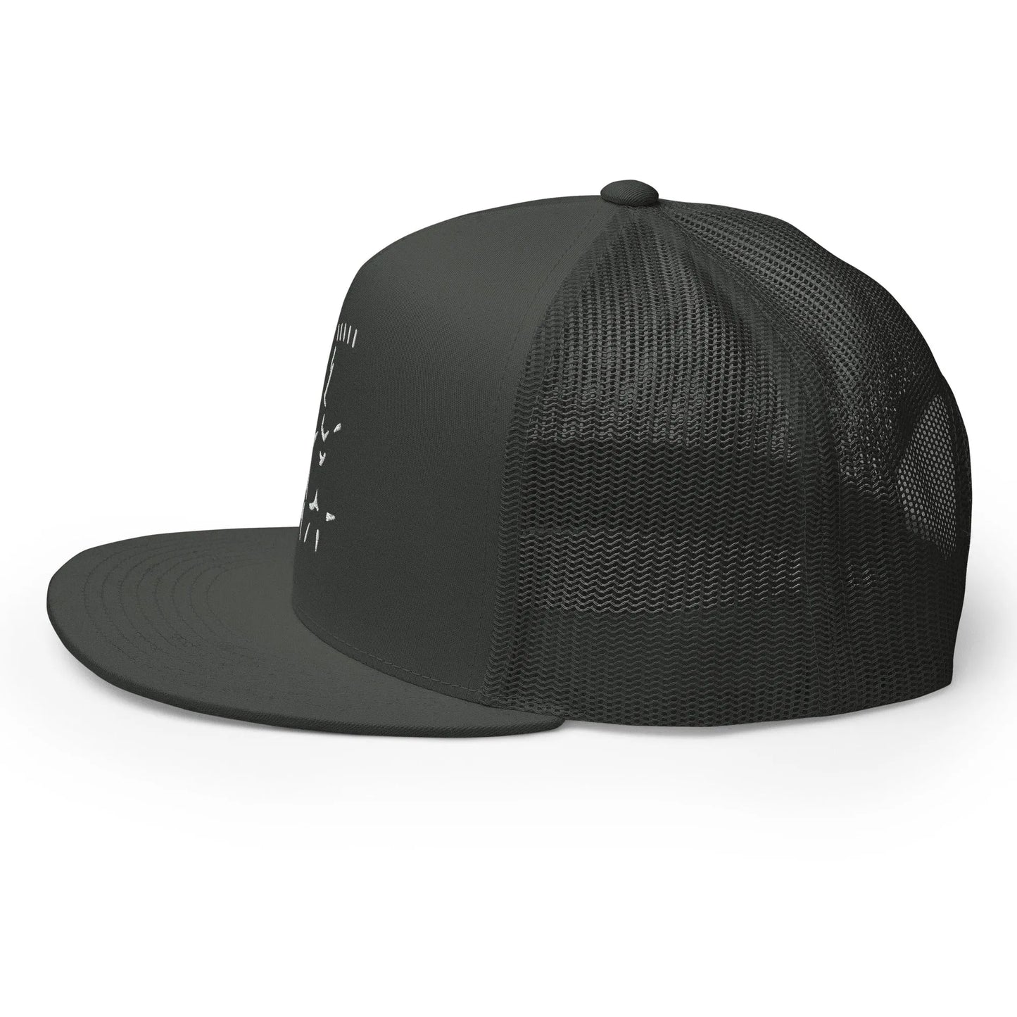 Black trucker cap side view showing mesh panel and white front embroidery