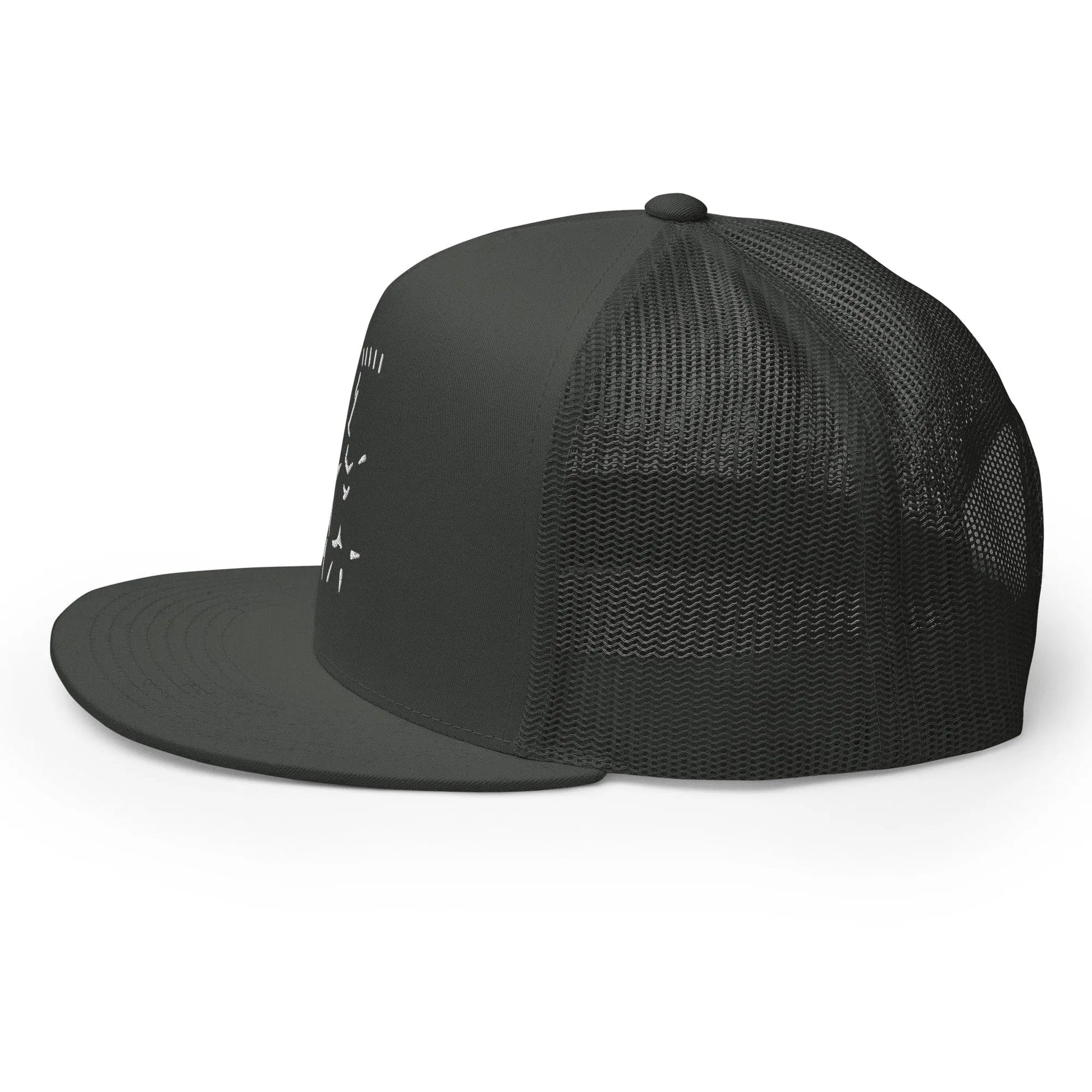 Black trucker cap side view showing mesh panel and white front embroidery