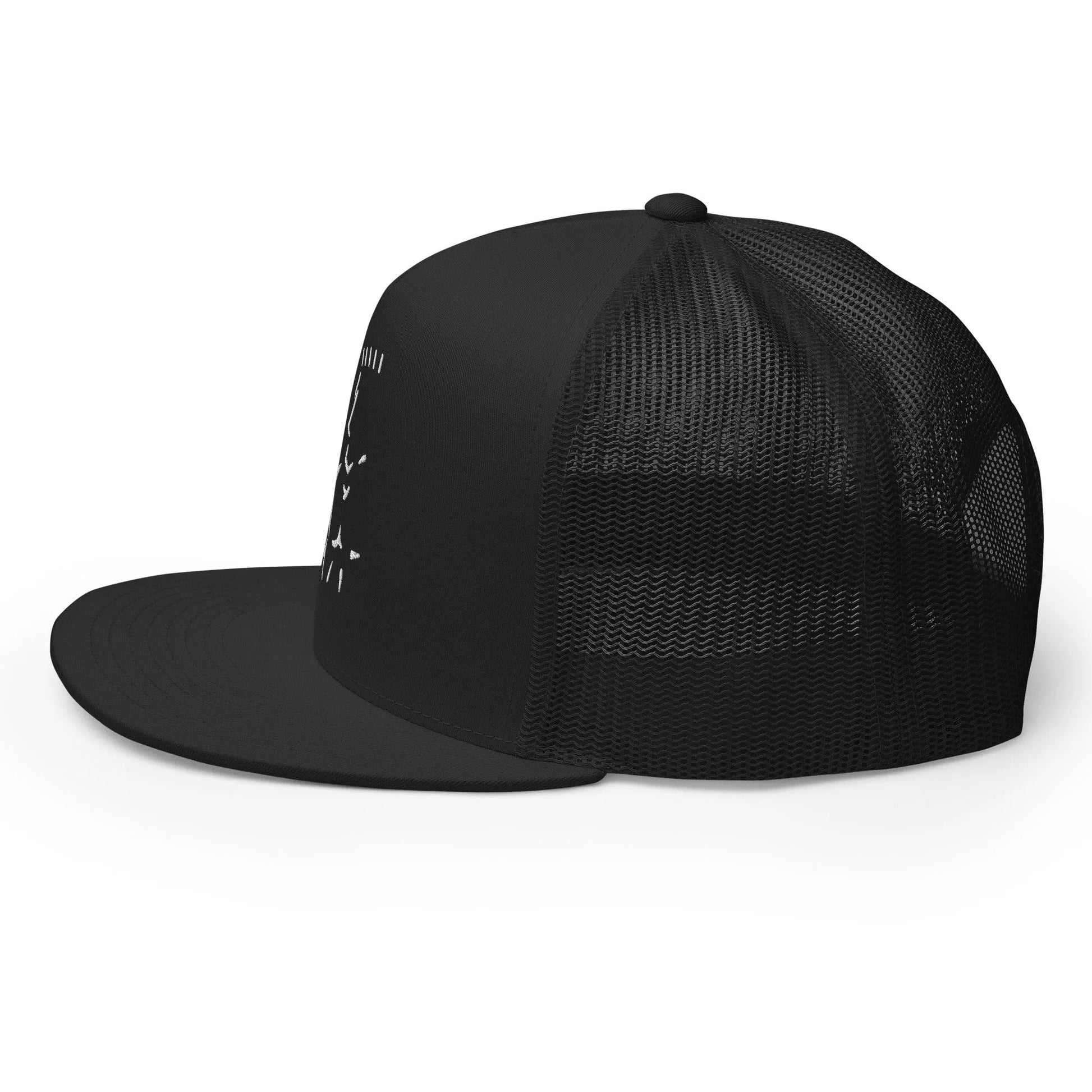 Black trucker cap side view showing mesh panel and white front embroidery