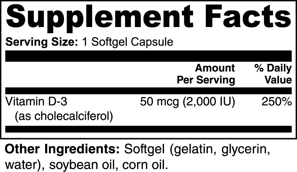 Supplement Facts panel for Super Style Vitamin D3 2,000 IU (50 mcg), serving size 1 softgel.
