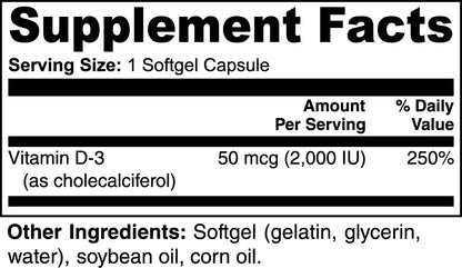 Supplement Facts panel for Super Style Vitamin D3 2,000 IU (50 mcg), serving size 1 softgel.