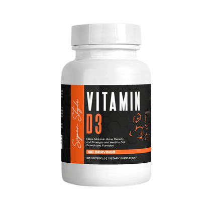 Super Style Vitamin D3 dietary supplement bottle designed to support bone density, cell growth, and immune system function.