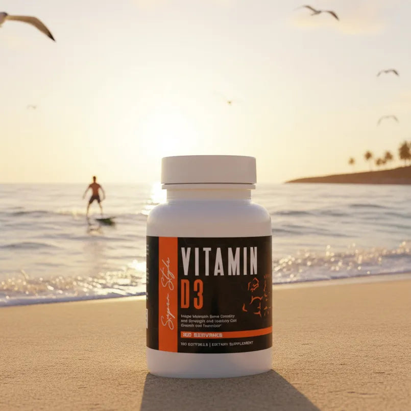 Super Style Vitamin D3 supplement bottle on sandy beach with sunlight and surfer in background