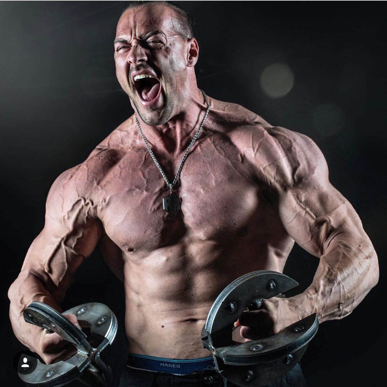 Bodybuilder performing an intense pose with visible muscle definition while holding heavy resistance grips.