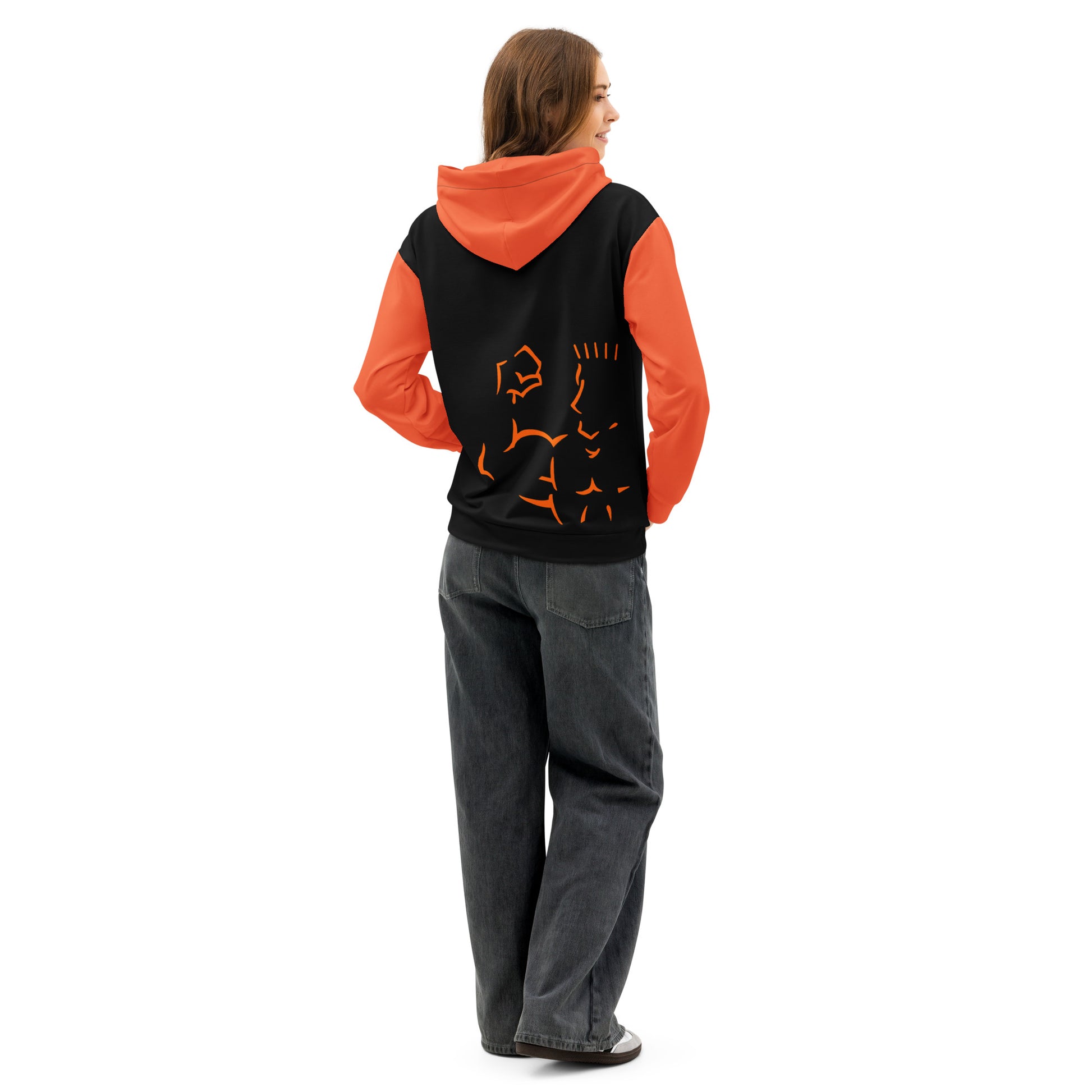 Person wearing an orange and black hoodie with a design on the back, standing against a white background