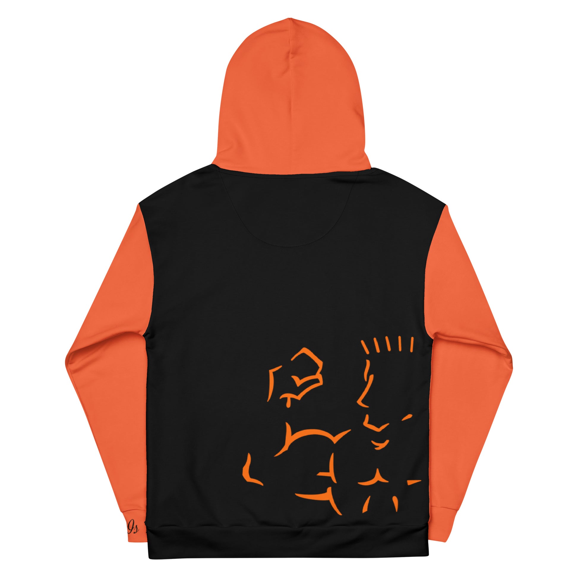 Black hoodie with orange accents and abstract designs on the back, on a white background
