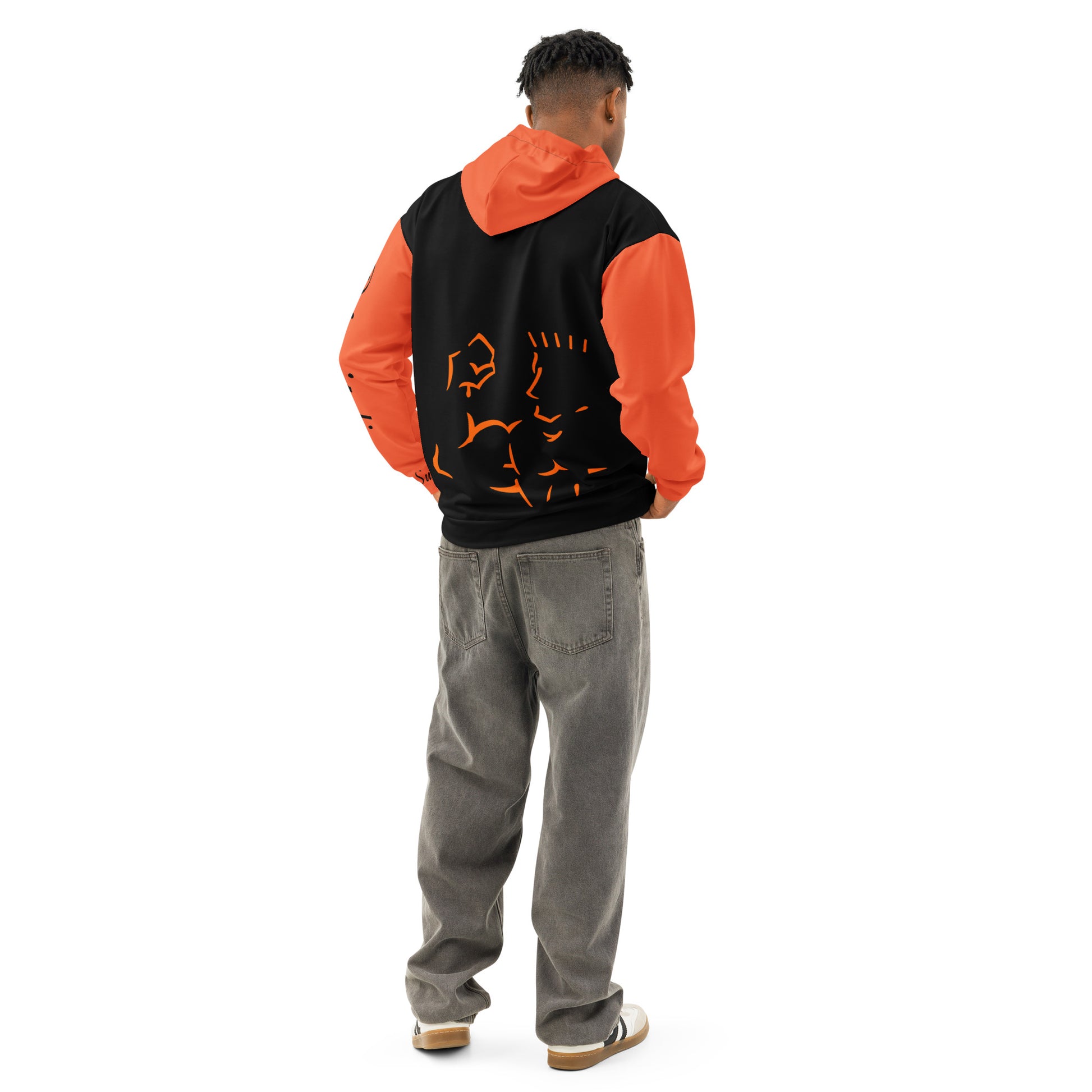 Person wearing an orange and black hoodie with a design on the back, standing against a white background