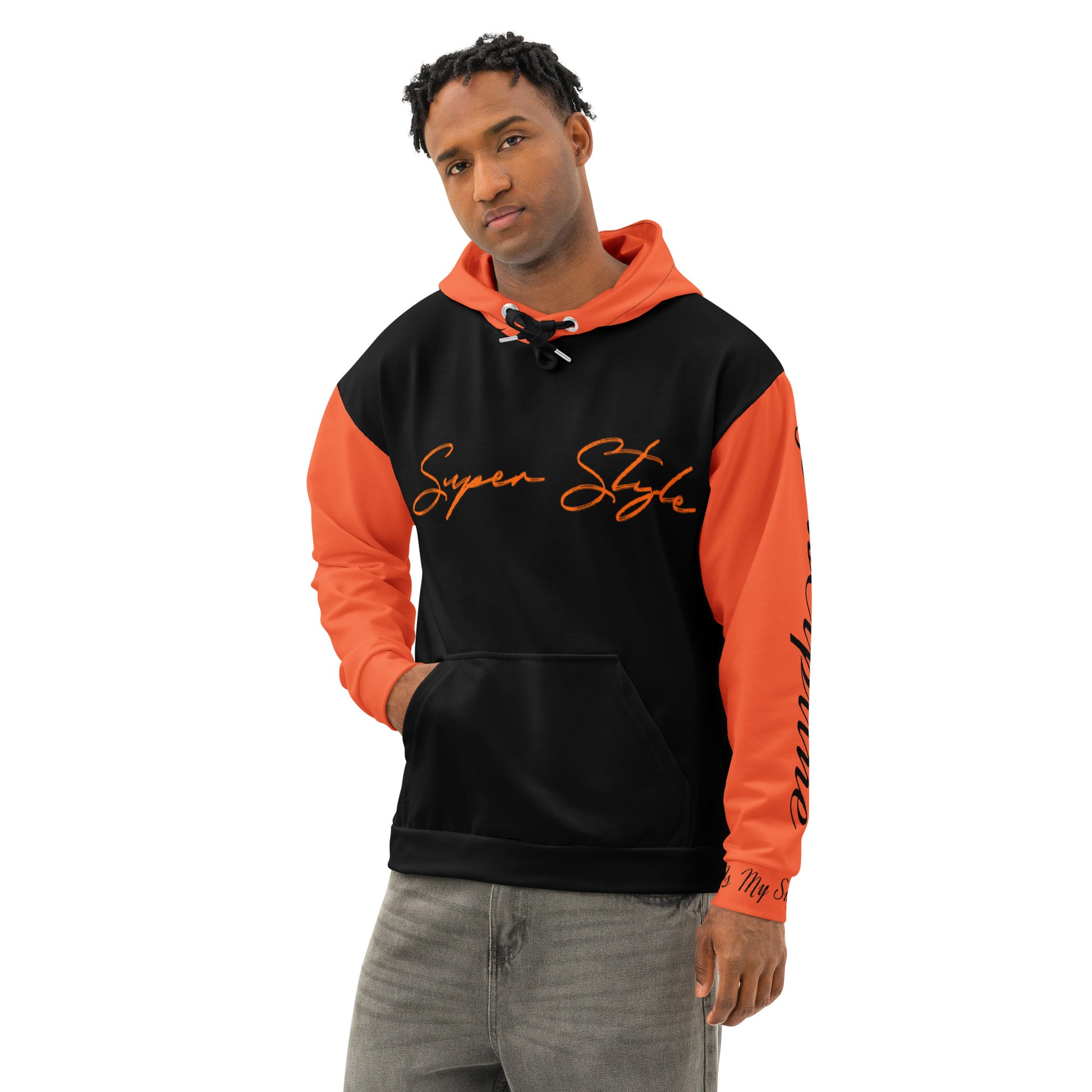 Person wearing a black and orange hoodie with 'Super Style' text on a white background