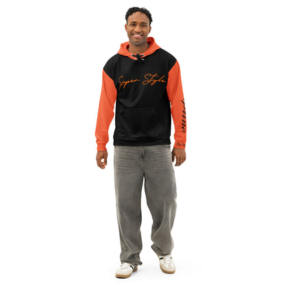 Man wearing a black and orange hoodie with 'Super Style' text on a white background