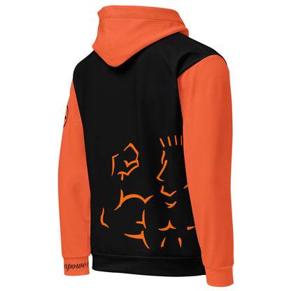 Orange and black hoodie with graphic design on a white background
