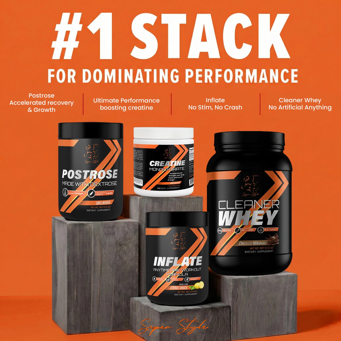 Supplement stack with containers labeled 'PostRose', 'Creatine', 'Inflate', and 'Cleaner Whey' on an orange background.