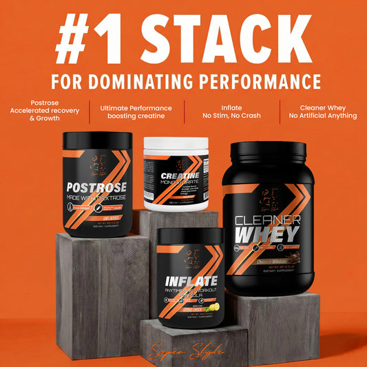 Supplement stack with containers labeled 'PostRose', 'Creatine', 'Inflate', and 'Cleaner Whey' on an orange background.
