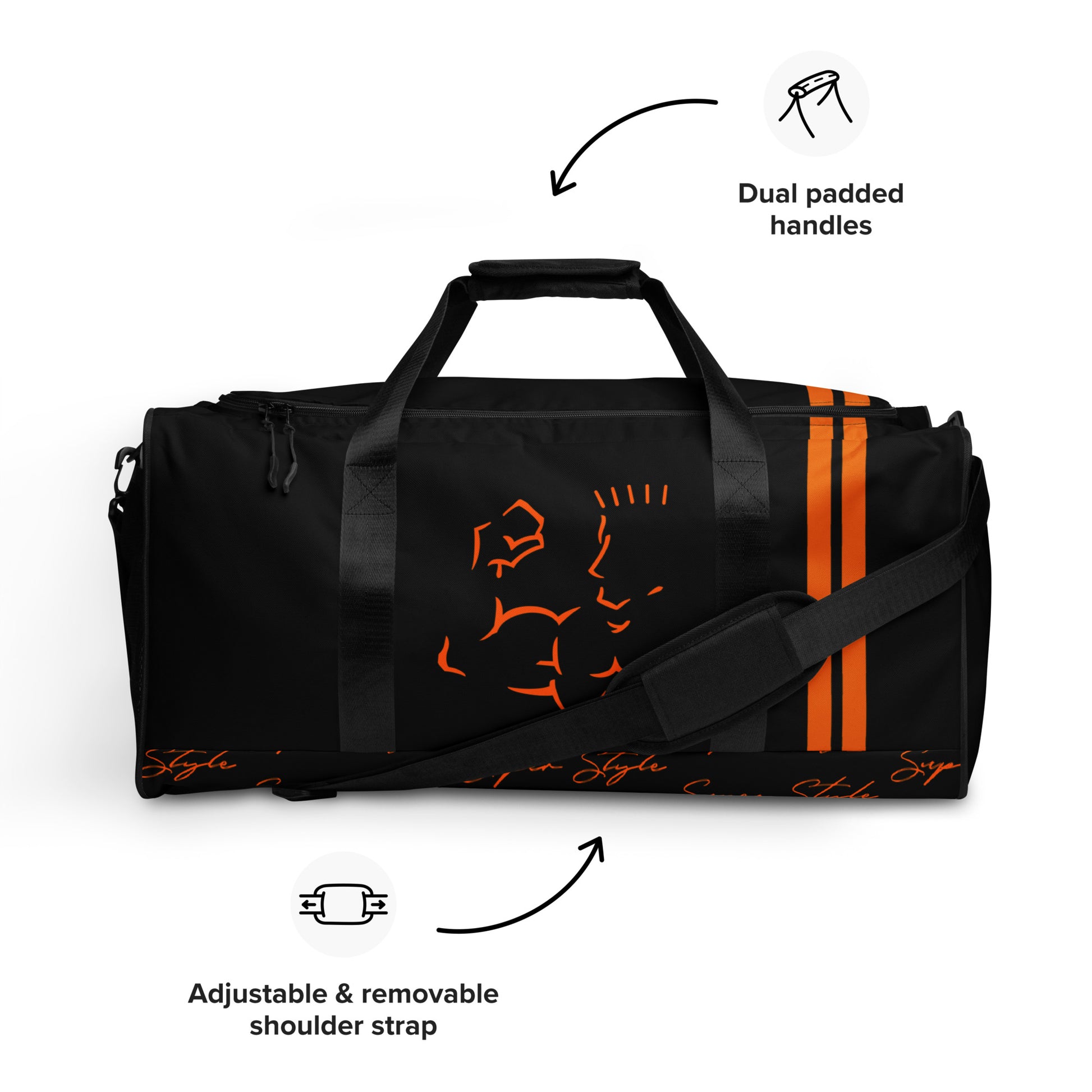 Black duffel bag with orange accents featuring dual handles and an adjustable shoulder strap on a white background.
