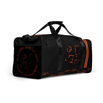 Black duffel bag with orange text and graphics on a white background