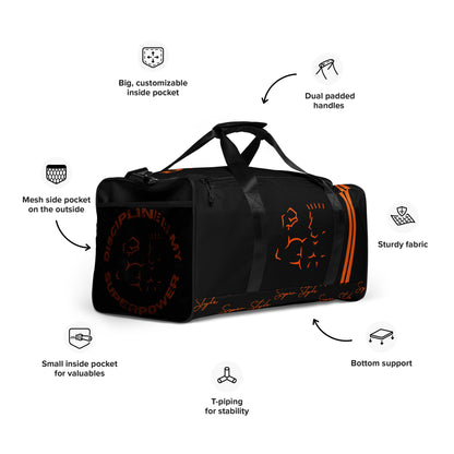 Black duffel bag with orange accents and features labeled on a white background