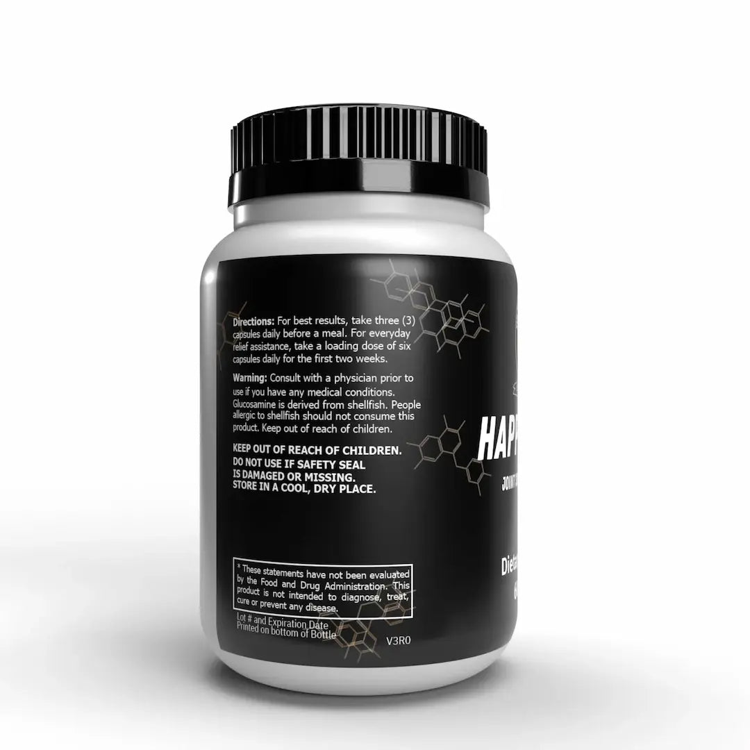 Happy Joints bottle directions warnings and usage instructions for joint support capsules
