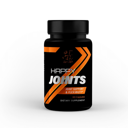 Super Style Happy Joints supplement bottle front label for joint support and flexibility