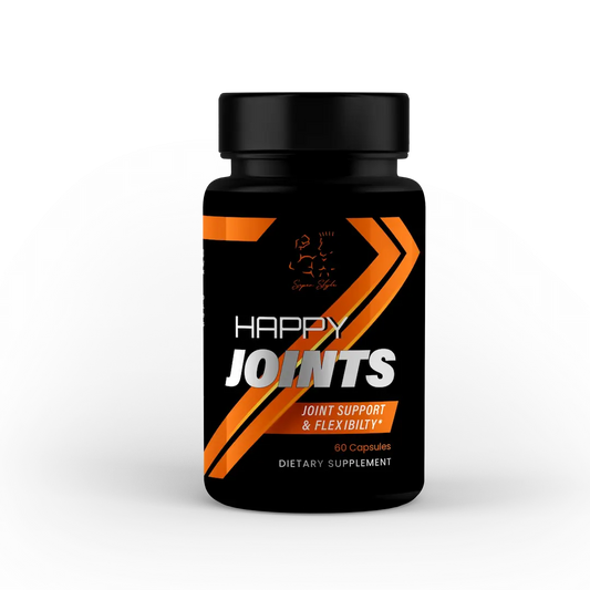 Super Style Happy Joints supplement bottle front label for joint support and flexibility