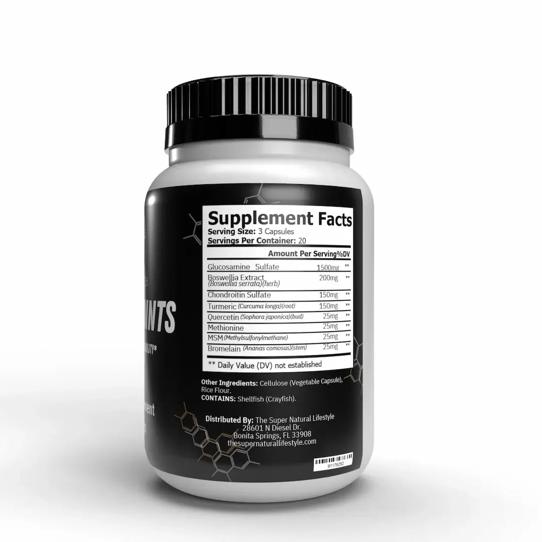 Happy Joints supplement facts label showing glucosamine chondroitin turmeric and MSM