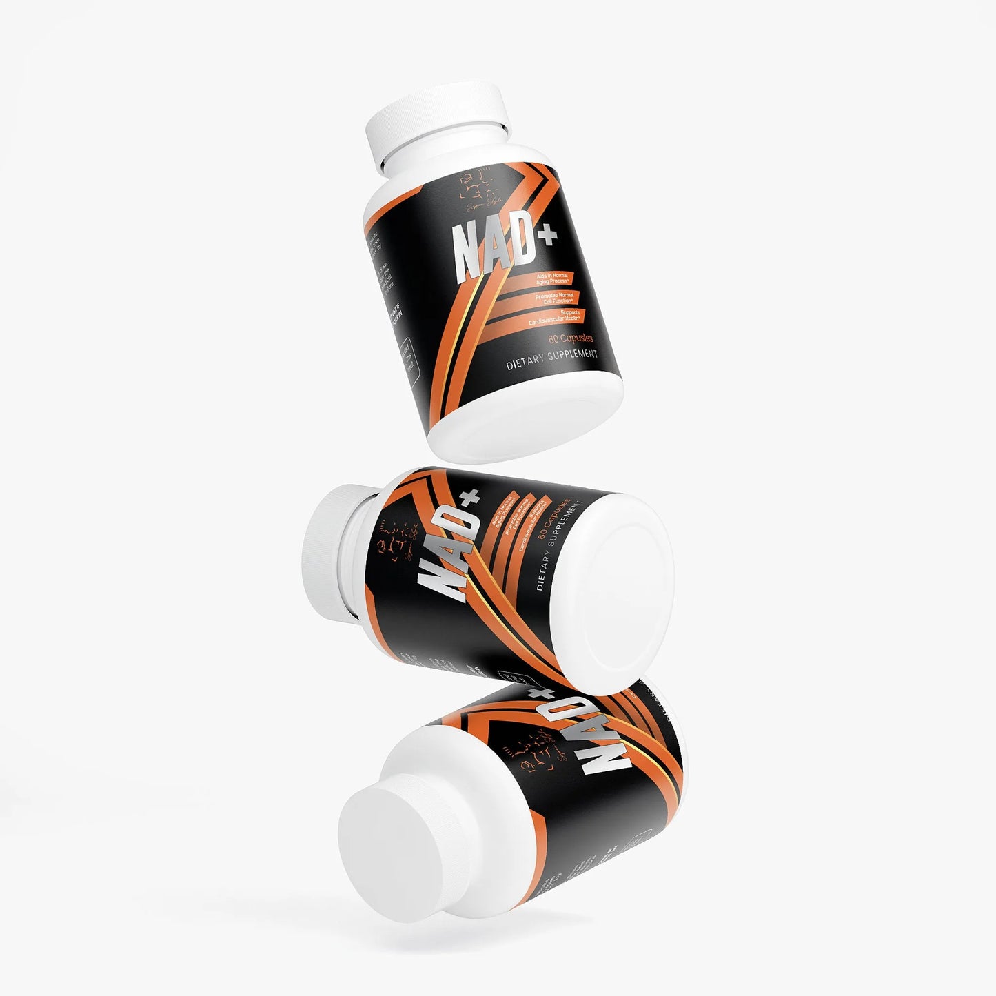 Three NAD+ supplement bottles on a white background