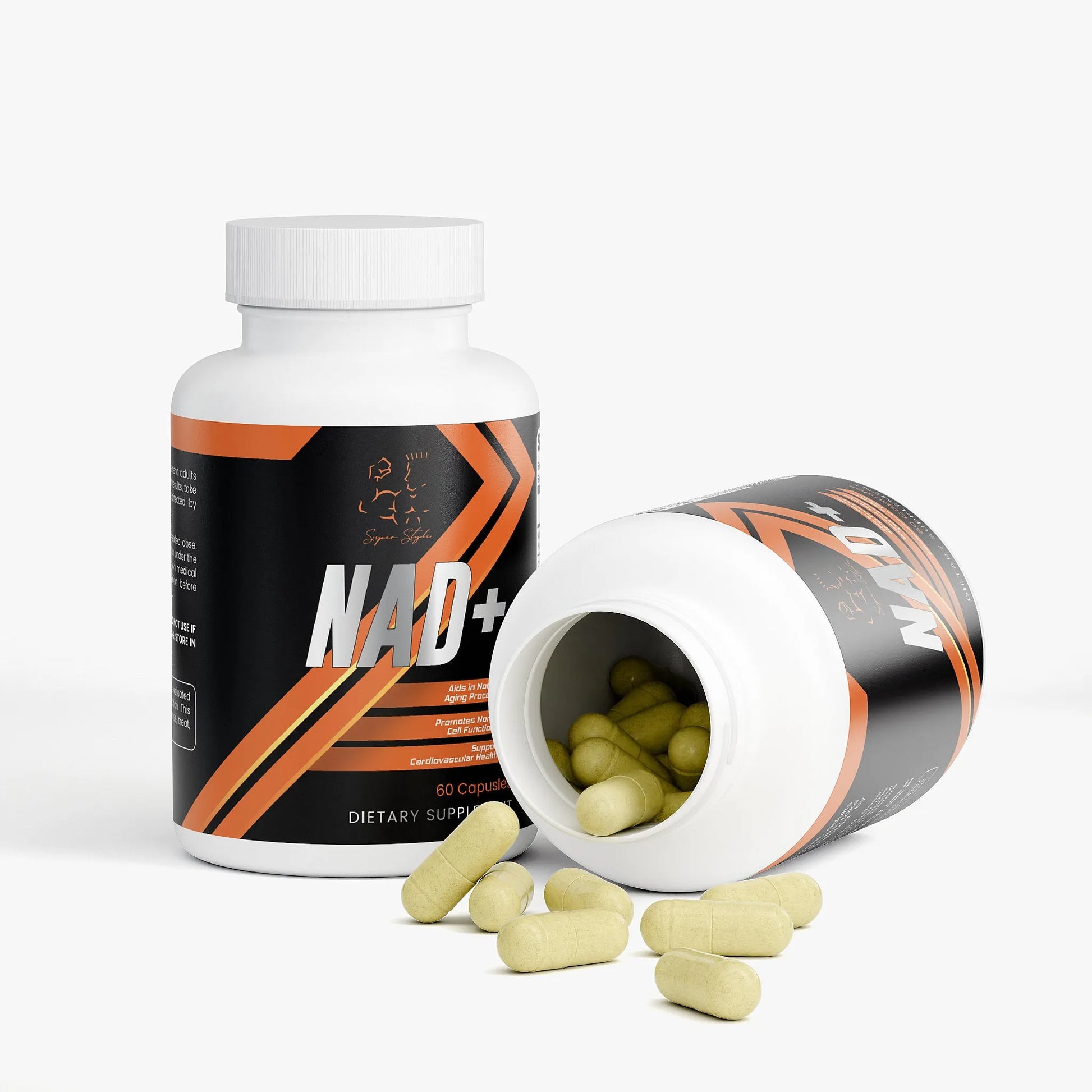 NAD+ supplement bottle tipped with capsules spilling out