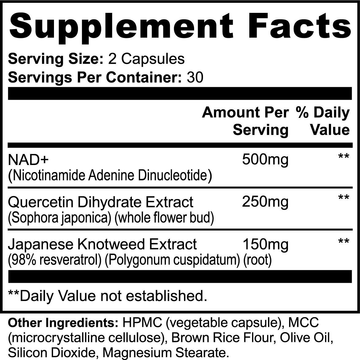 Supplement facts label with NAD+, Quercetin Dihydrate Extract, and Japanese Knotweed Extract on a white background.